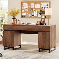 WAMPAT Office Furniture Set: 59in Modern Executive Desk with Charging Station and Drawers and Four 72in Tall Bookcases  Home Office Furniture for Living Room  Bedroom  Brown