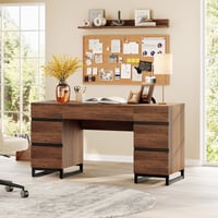 WAMPAT Home Office Set: 59  Modern Desk with Charging Station and Storage Cabinet  Two 72  Tall Bookcases with Adjustable Shelves  Wood Computer Desk and Library Storage Cabinet for Work Study  Brown