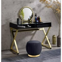 Acme Furniture ACME Coleen Glass Top Vanity Desk with Jewelry Tray in Black and Gold