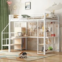 Euroco Modern Metal Full Size Loft Bed with Wardrobe  Desk and Storage Shelves for Kids Teens  White