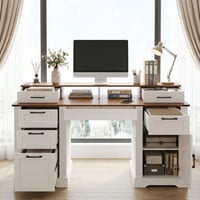 Mintazer 59 Farmhouse Office Desk with Charging Station & Storage Drawers Computer Writing Desk with Monitor Stand & Keyboard Tray and File Cabinet for Study Living Room Home Office White