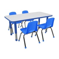 Factory Direct Partners 24 x 48 Rectangle Dry-Erase Activity Table with Chunky Legs and 12 Stack Chairs with Ball Glides 5-Piece Set - White/Blue