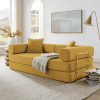Jopath 78  Convertible Sofa Bed with Fixed-Shape Frame and Removable Armrests Futon Boneless Couch Lounge Loveseat with 2 Pillows Folding Mattress Couch for Living Room No Assembly Needed Yellow