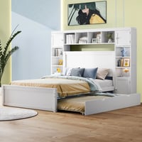 Aukfa Full Size Bed Frame with All-in-One Cabinet and Shelves  Wooden Functional Bed with Trundle and Storage Drawers  USB Ports Outlets  White