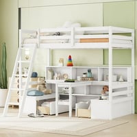 Euroco Modern Wood Twin Size Loft Bed with Desk and Drawers  Storage Shelf and Bench for Kids Teens  White