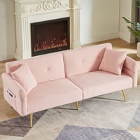 Aukfa 79  Futon Convertible Sofa Bed  Adjustable Arm  2 Pillows&Side Pocket  Teddy Fleece  Pink