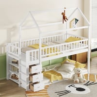 Euroco Twin over Twin Bunk Bed with Wardrobe  Drawer and Shelf  Trundle Bed for Kids Teens Room  White