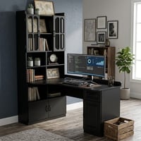 Wakefit L-Shaped Corner Computer Desk with Cabinets and 1 Drawer Office Desk with Bookshelf and Hutch Writing Table Large Workstation with Open Shelves