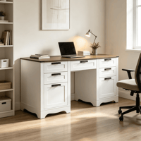 AsterOutdoor Executive Desk with Charging Station  Farmhouse Office Table with Storage Drawers  60 in Wide Work Surface  200 lbs Load Capacity  Particle Board  for Home Office Study Writing