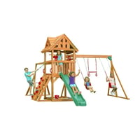 Creative Cedar Designs Mountain View Lodge Cedar Swingset with Wooden Roof  Monkey Bars  Climbing Wall & Rope  Slide  Sandbox  Belt Swings and Trapeze