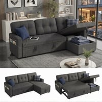 Howcool 82 Sectional Sofa Bed L-Shaped Sleeper Pull Out Couch with Storage Chaise & USB Charging Ports Linen Fabric for Small Apartment Living Room Dark Grey