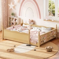 Leumius Queen Floor Bed with Full-Length Guardrails Kids Montessori Floor Bed with Beside Book Shelf for Boys Girls Natural