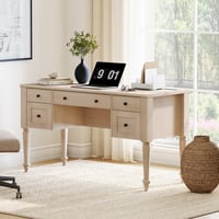 FITUEYES Farmhouse Executive Desk with 5 Drawers  Home Office Desk with Charging Station  Wood Computer Desk with File Cabinet Storage  Door  Open Shelf for Work and Study  55 inch  Beige