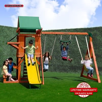 Sportspower Roseville Wooden Swing Set with Play Fort  Bench with Table  Sandbox  Trapeze  and 6  Slide