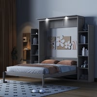 Aukfa Queen Size Murphy Bed with 5-Tier Storage Shelf & LED Lights Foldable Wall Bed Cabinet with Mattress Support Space-Saving Design for Guest Room/Home Office Gray