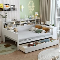 Euroco Wood Full Size Daybed with Bookcase and Desk  Functional Shelves and 2 Drawers  White