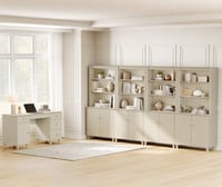 WAMPAT Home Office Furniture Set  58  Executive Desk with Charging Station and Cabinet  4-Column 71  Tall Bookcase with Doors and Adjustable Shelves for Living Room Beige Linen Printed