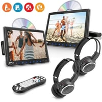 Pyle Universal Dual Vehicle Headrest Monitor - 10.5” Multimedia CD and DVD Player Audio Entertainment w/ Stereo Speaker  HDMI  LCD Screen  Mount and Wireless Headphones for Car Seat