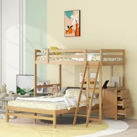 DEALTOPS Bunk Beds Twin Over Full Size with Built-in Desk and Three Drawers  Wooden Storage Bunk Beds with Removable Bottom Bed - Natural