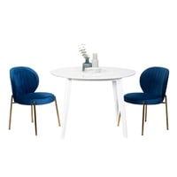 Roundhill Furniture Amoa Contemporary 3-Pc Dining Set  White Round Dining Table and 2 Chairs  Blue