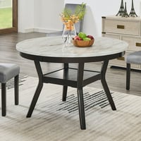 Roundhill Furniture Mella Round Wood Dining Table with Shelf  48” Faux Marble Top  Dark Espresso Finish