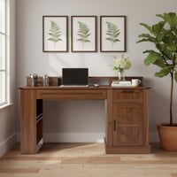 Wakefit 55  Farmhouse Computer Desk with Storage Cabinet & Charging Station  Barn Door Writing Desk with Keyboard Tray  Monitor Stand  Pegboard  Drawer & Adjustable Shelf for Home Office  Walnut