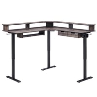 OKD L Shaped Desk with Drawers Electric Height Adjustable Corner Standing Desk 60 Gaming Desk with Shelves Keyboard Tray Power Outlets LED Lights Dark Rustic Oak