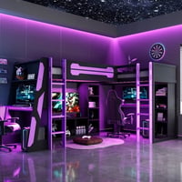 Mintazer L-Shaped Twin Loft Bed with 2 Gaming Desks Gaming Loft Bed with RGB Lights & USB Charging Station Black & Purple