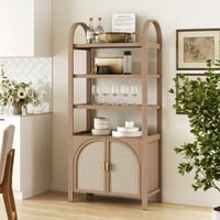 Nathan James Paxton Mid-Century Modern Bookshelf Cabinet with Solid Wood Frame Rattan Bookshelf with Cabinet Base  Arched Bookcase Cabinet for Living Room or Home Office  Raw Oak