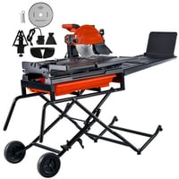 KFFKFF Tile Saw with Supporting Stand  10-inch Blade made of 65Mn Steel  Motor Speed of 4500 RPM  Wet Tile Cutting Machine with Water Tank and Wheels  Adjustable Miter Angle from 0-45 Degrees