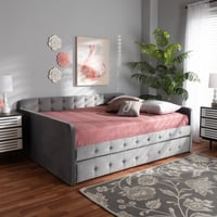 Wholesale Interiors Baxton Studio Jona Modern Kids Wood Tufted Queen Size Daybed with Roll Out Trundle Grey