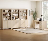 WAMPAT Home Office Furniture Set  58  Executive Desk with Charging Station and Cabinet  3-Column 71  Tall Bookcase with Doors and Adjustable Shelves for Living Room Natural Oak
