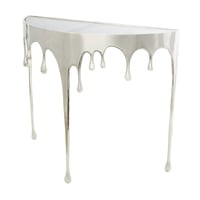DecMode 36 x 32 Silver Aluminum Metal Half Moon Drip Abstract Console Table with Melting Designed Legs and Black Glass Top 1-Piece