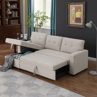 Aukfa 83 Sofa Bed Sleeper Sofa Pull Out Bed w/ Storage Chaise for Living Room Linen Beige