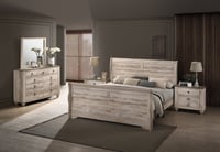 Roundhill Furniture Imerland Contemporary White Wash Finish Bedroom Set with King Sleigh Bed  Dresser  Mirror  Two Nightstands