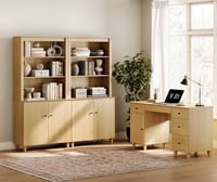 WAMPAT Home Office Furniture Set  58  Executive Desk with Charging Station and Cabinet  2-Column 71  Tall Bookcase with Doors and Adjustable Shelves for Living Room Oak Wood