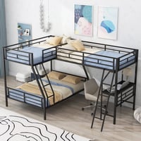 Aukfa Twin-Over-Full Metal L-Shaped Triple Bunk Bed with a Twin Loft Bed and Desk for 3 Kids Teens - Black
