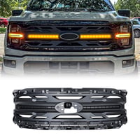 AMERICAN MODIFIED Front Armor Grille w/Smoked Lens DRL Turn Signal Lights Amber Lamps & Emblem Hole Matte Black ABS For 2024+ Ford F150 Tremor