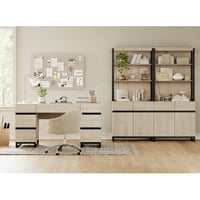 WAMPAT Home Office Furniture Set: 59in Modern Executive Desk with Charging Station & Drawers and 2 PCS 72in Tall Bookcases with Storage Cabinet  Home Office Furniture for Living Room  Beige