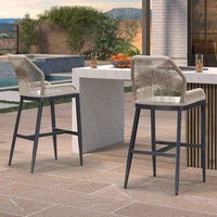 PURPLE LEAF Modern Aluminum Boho Woven Outdoor Bar Height Outdoor Bar Stools with High Back and Scallop Cushion, Dark Gray(2 pack)