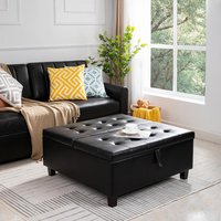MAYKOOSH 35 in. Black Tufted Upholstered Lift-Top Ottoman Bench, Large Square Storage Coffee Table and Footrest Stool