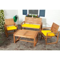 SAFAVIEH Ozark Natural Brown 4-Piece Wood Patio Conversation Set with Yellow Cushions