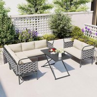 wayofatry 5-Piece Modern Woven Rope Fabric Outdoor Patio Conversation Set with Beige Cushions and Glass Table
