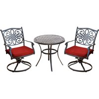 Hanover Traditions 3-Piece Outdoor Aluminum Swivel Rocker Bistro Set with Red Cushions