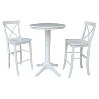 International Concepts 3-Piece Set Olivia White Solid Wood 30 in Round Pedestal Bar-height Table with 2 Alexa Armless Bar Stools