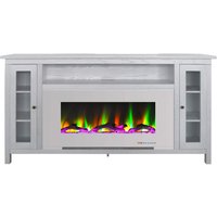 Hanover Brighton 69.7 in. Freestanding Electric Fireplace TV Stand in White with Driftwood Log Display