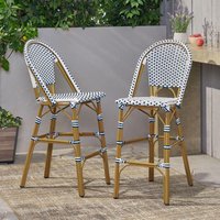 CHRISTOPHER KNIGHT HOME Gallia French Patio Bamboo Finish Aluminium and PE Rattan Woven Outdoor Bar Stools, White Plus Blue, (Set of 2)