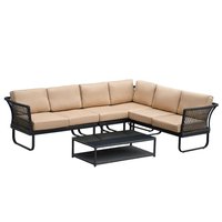 Zeus & Ruta 6 Seater Gray Hand-woven Rattan Metal Patio Outdoor Sectional Conversation Set with Khaki Cushions, Coffee Table