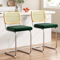 Lirago Dark Green Upholstered Velvet 24 in. Height Bar Stool with Rattan Back (Set of 2)