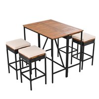 Runesay 5-Piece Patio Composite Rattan Acacia Wood Bar Height Outdoor Dining Table Set And 8 Stools with Beige Cushions
